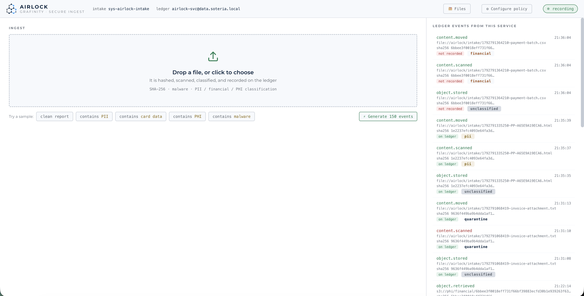 GrafLock secure ingest interface: a file drop zone with sample files, beside the stream of hashed, scanned and classified custody events the service has recorded